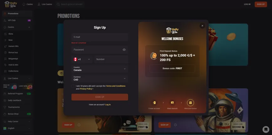 Registration at HollyWin Casino