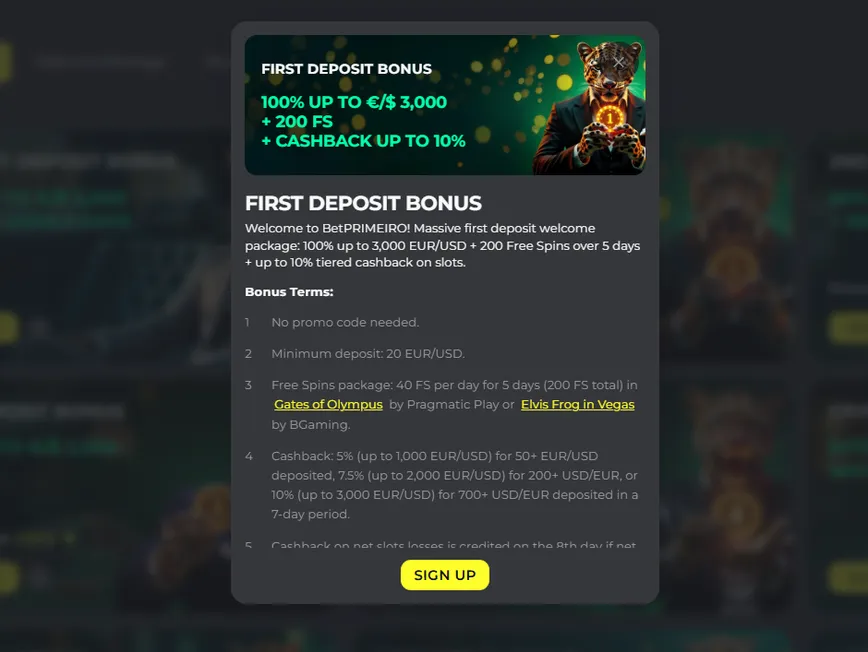 First Deposit Bonus at Bet Primeiro Casino