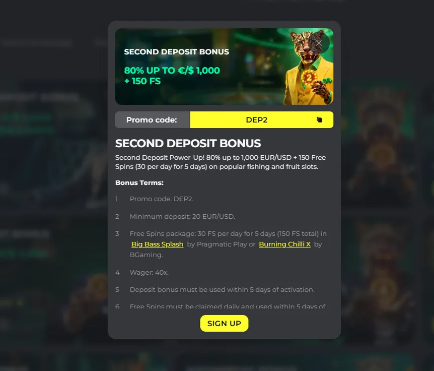 Second Deposit Bonus at Bet Primeiro Casino