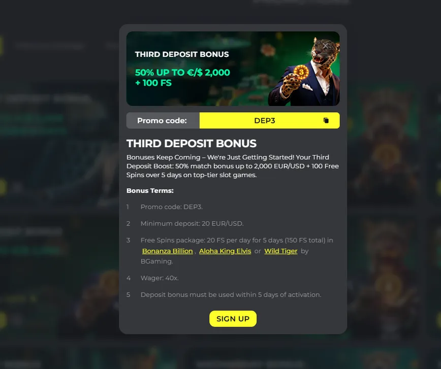 Third Deposit Bonus at Bet Primeiro Casino