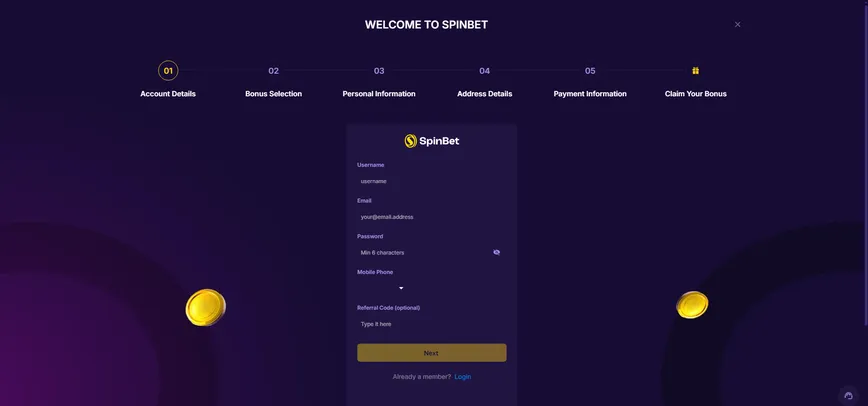 Registration at Spinbet casino