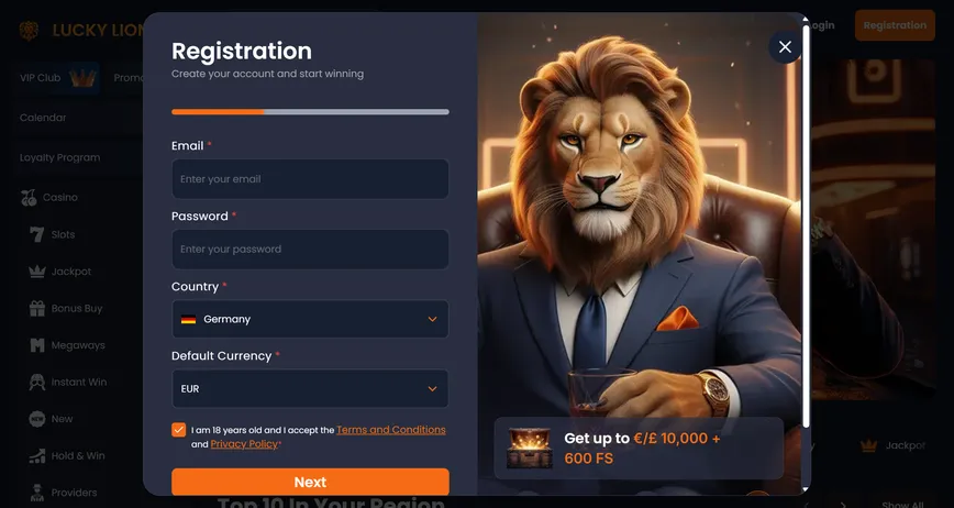 Registration at Lucky Lion Casino